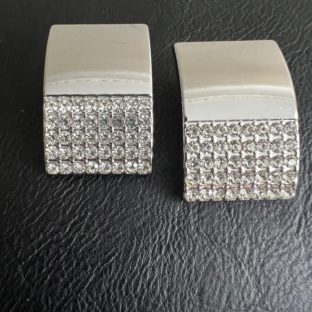 Silver Rhinestone Rectangle Stud Earrings One Size Glam